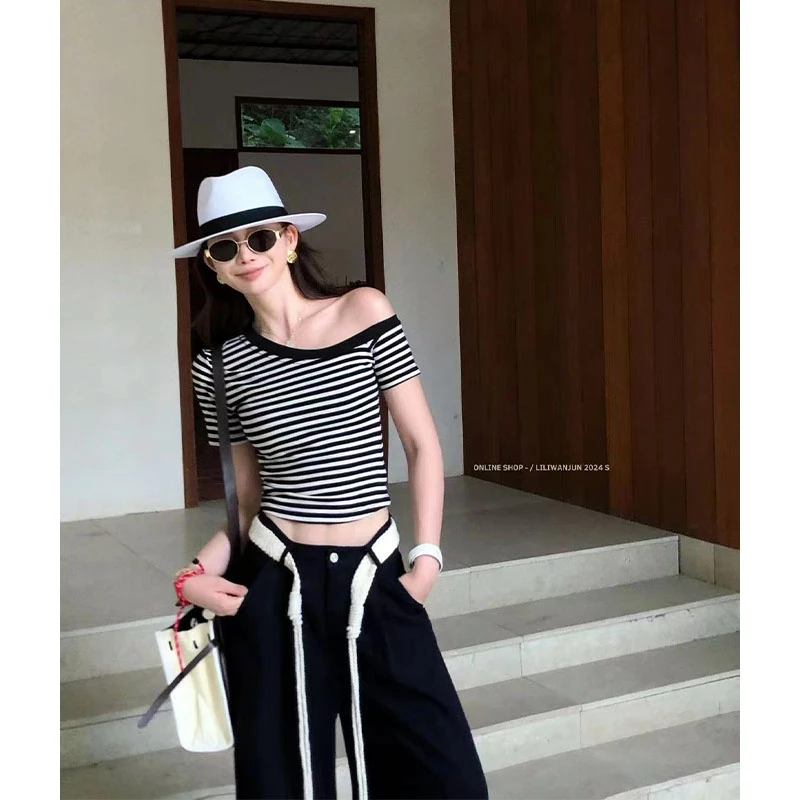 【婉君Y】夏季韩系不规则露肩辣妹条纹短袖上衣LWJ24B2T1377