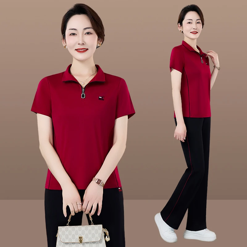恩狐休闲运动套装女夏季新款时尚洋气妈妈装薄款夏装两件套