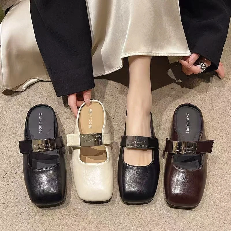 金属装饰凉鞋百搭网红法式方头包头包头拖平底复古半拖修面