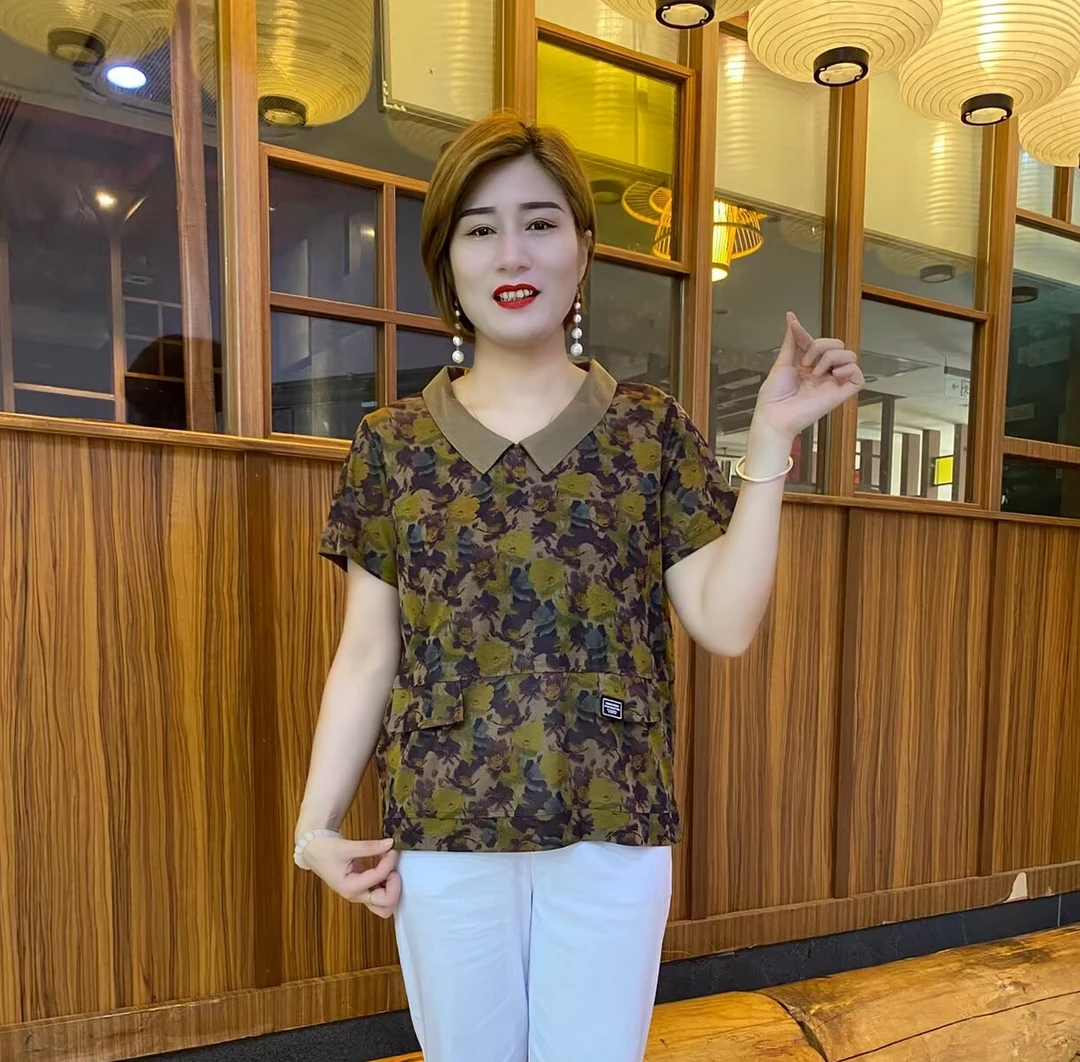夏季薄款翻领短袖中老年女装小衫休闲显瘦碎花衫