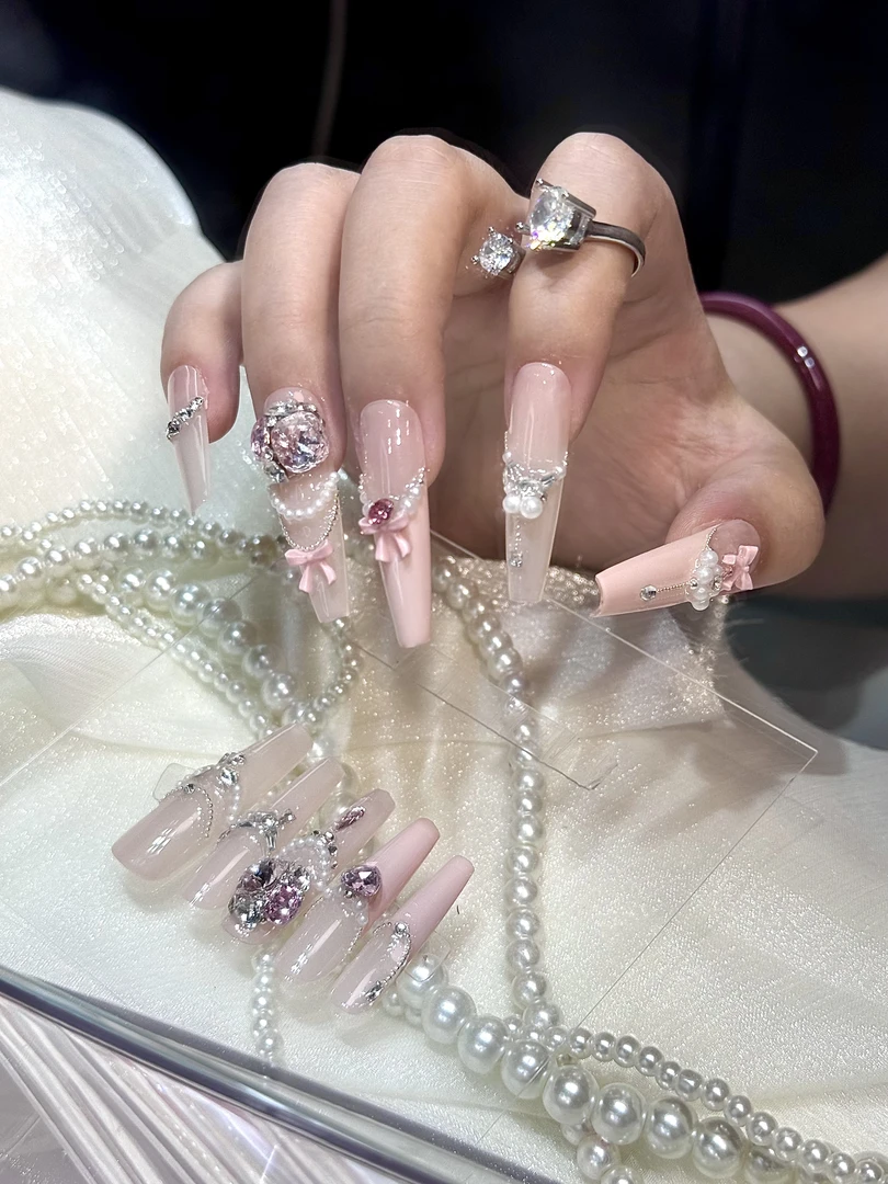 JINFU(樱花）夏季裸色多巴胺东洲纯手工穿戴甲显白气质中长美甲