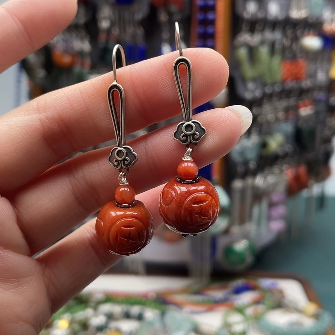 翡翠耳饰银S925镶嵌饰品