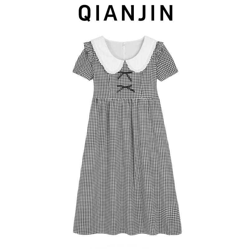 大码女装新款韩版学院风甜美格纹连衣裙