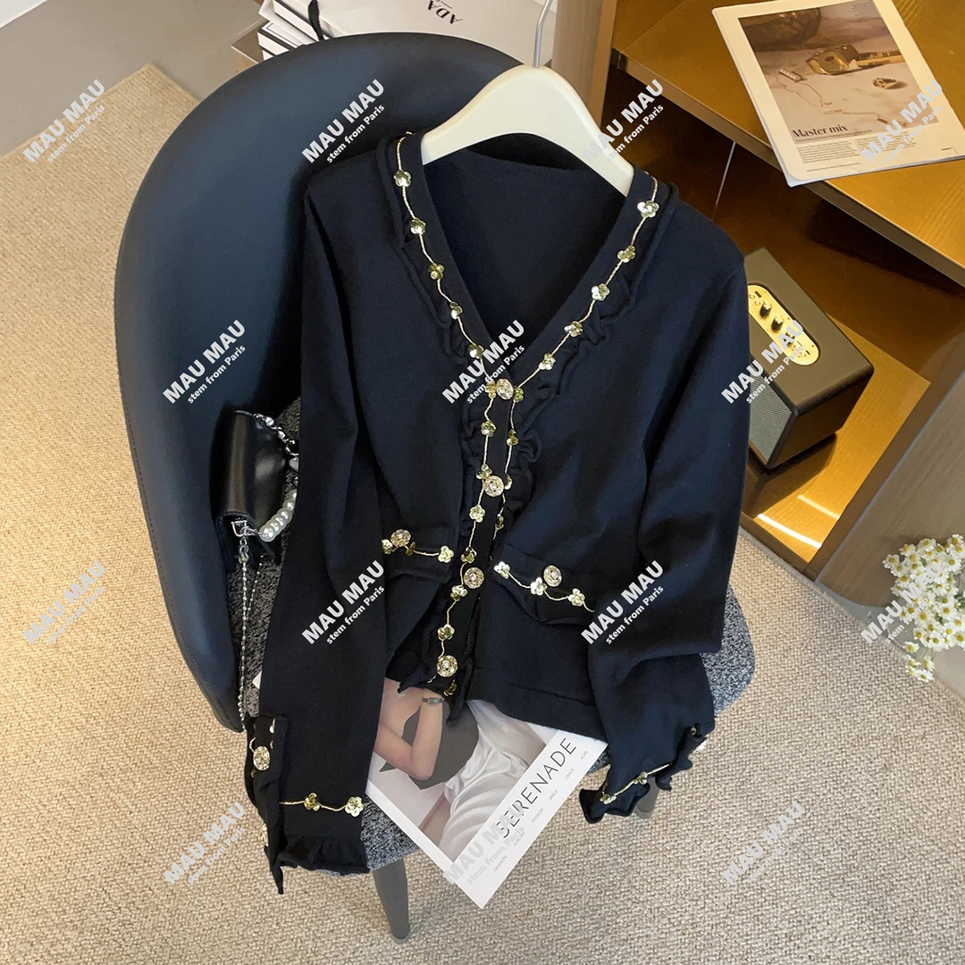 轻奢高端女装25秋冬季法式设计感钉珠木耳边毛针织开衫上衣DY8787