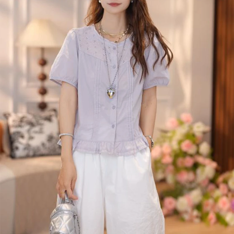 2025年夏季新款法式显瘦蕾丝拼接气质衬衫女士时尚设计感百搭上衣