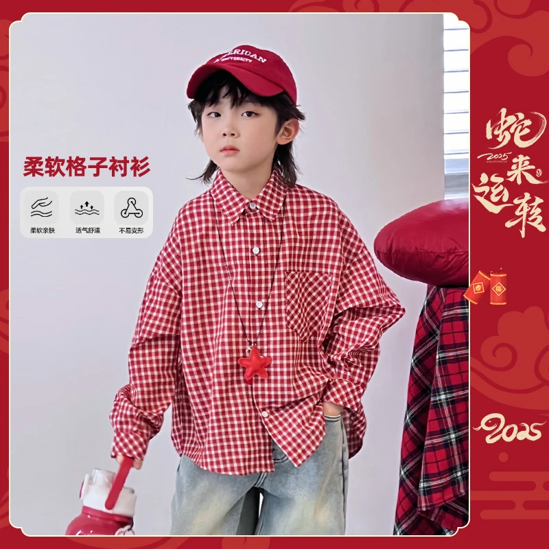 【红格调】春季衬衫格子长袖洋气红色翻领衬衣4119683O4