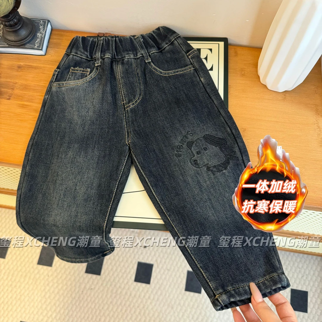 儿童一体绒牛仔裤加绒加厚秋冬款2025冬季小狗刺绣款