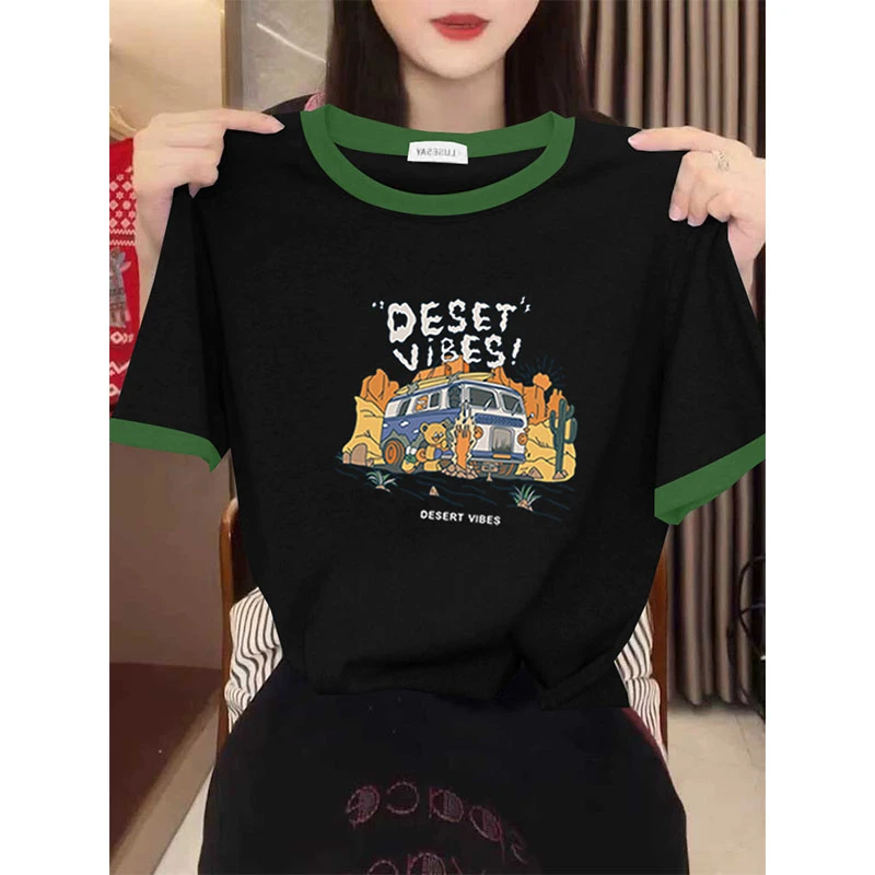 正肩圆领撞色短袖女t恤2025新款时尚百搭洋气设计感小众夏季上衣