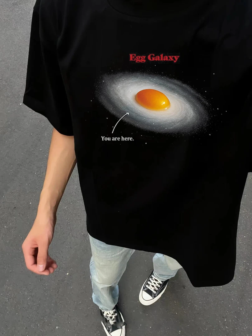 美式高街蛋形星系夏季印花T恤纯棉黑色日系情侣半袖短袖男装潮牌