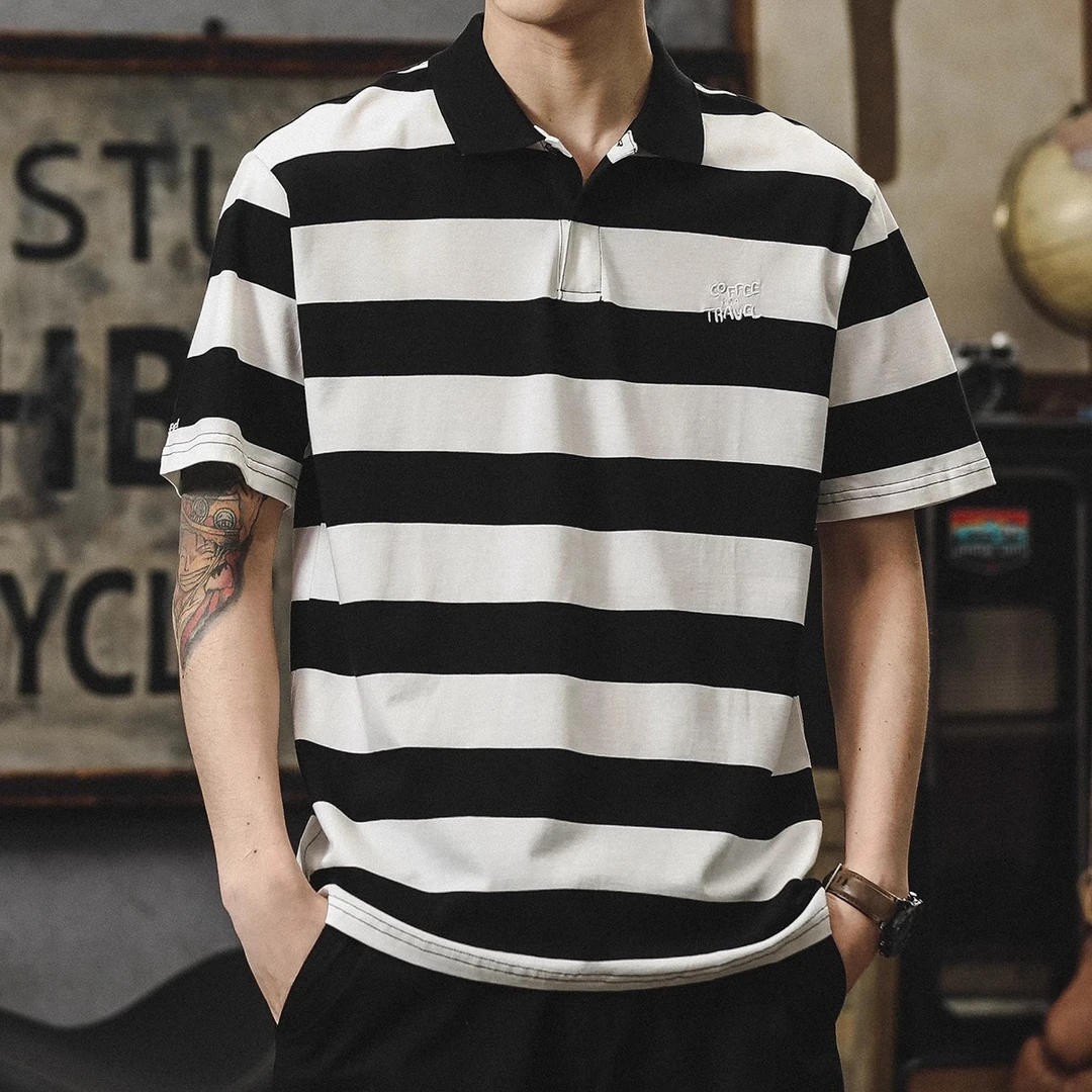 Salodac夏季黑白条纹polo衫男短袖t恤男士宽松美式翻领半袖上衣