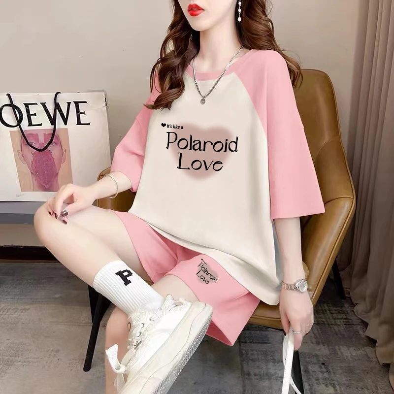 短袖短裤运动套装女夏季宽松大码显瘦圆领T恤休闲减龄洋气两件套