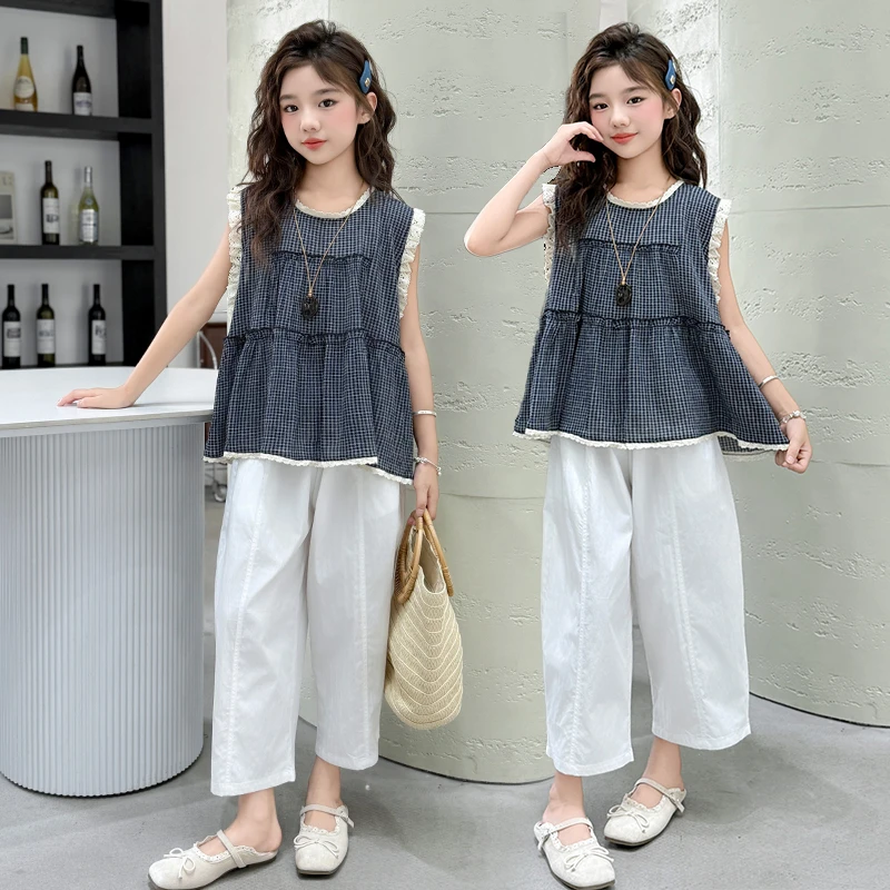 2025女童夏季新款格子花边背心飞袖阔腿裤套装洋气薄款时尚韩系