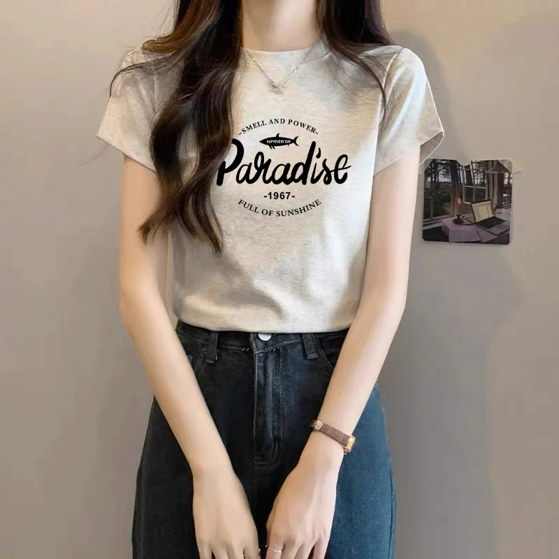 夏季薄款2025年新款正肩纯棉短袖t恤女百搭洋气灰色上衣打底衫潮