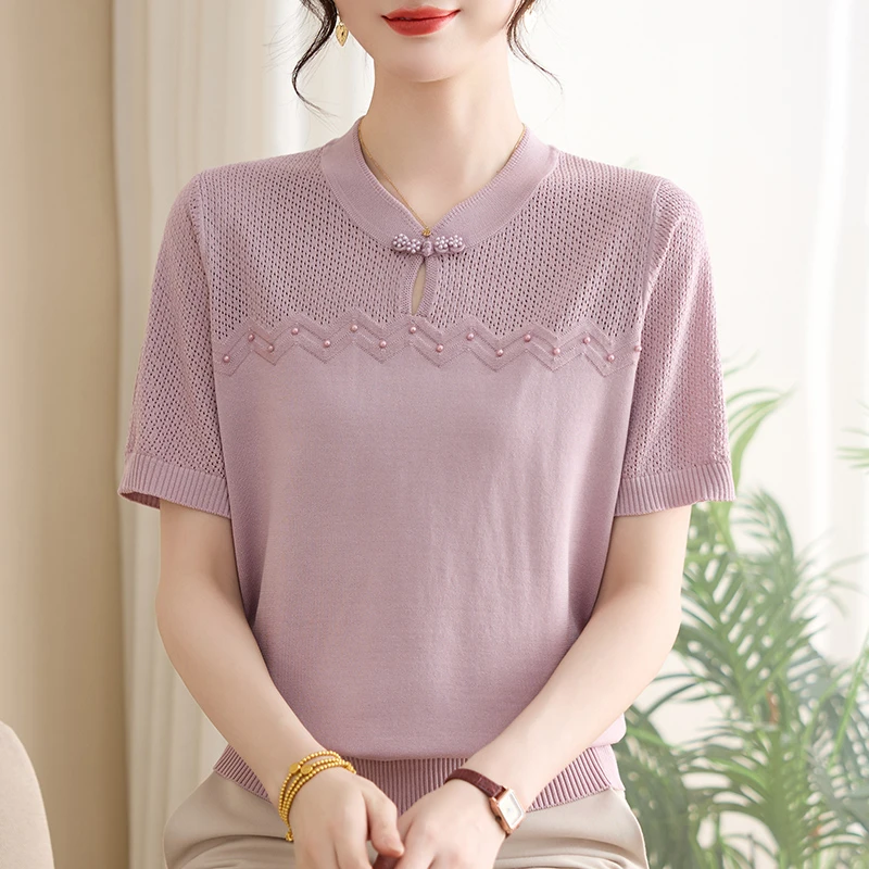 中老年女装宽松洋气小衫薄款时尚中年妈妈夏季针织衫短袖衣服