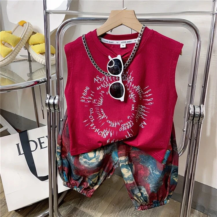 儿童夏季新款纯棉宽肩背心套装洋气韩版凉凉裤俩件套男女童