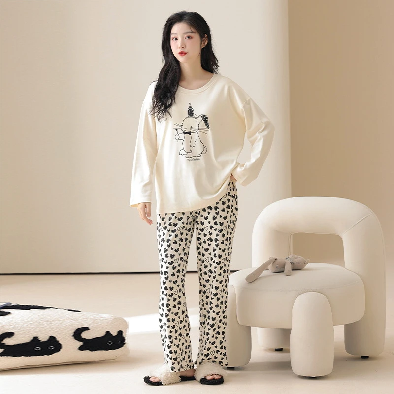 秋冬季女士纯棉睡衣带胸垫长袖长裤两件套头圆领甜美家居服可外穿