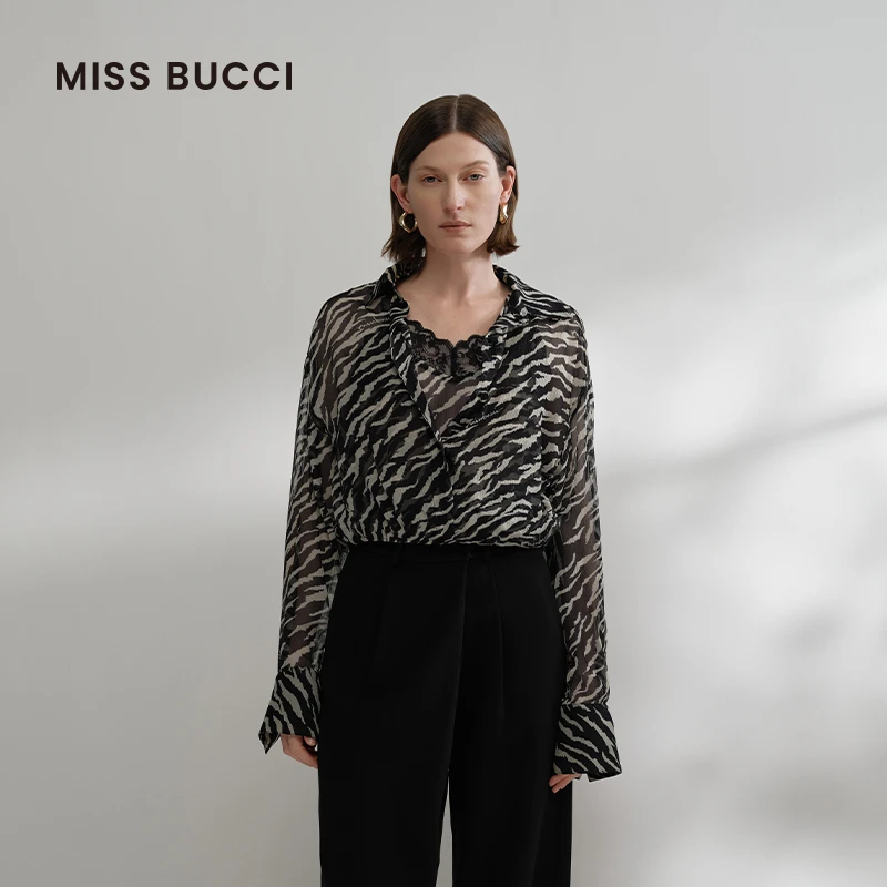MISS BUCCI25春夏款女士轻薄通透斑马条纹印花V领性感长袖上衣
