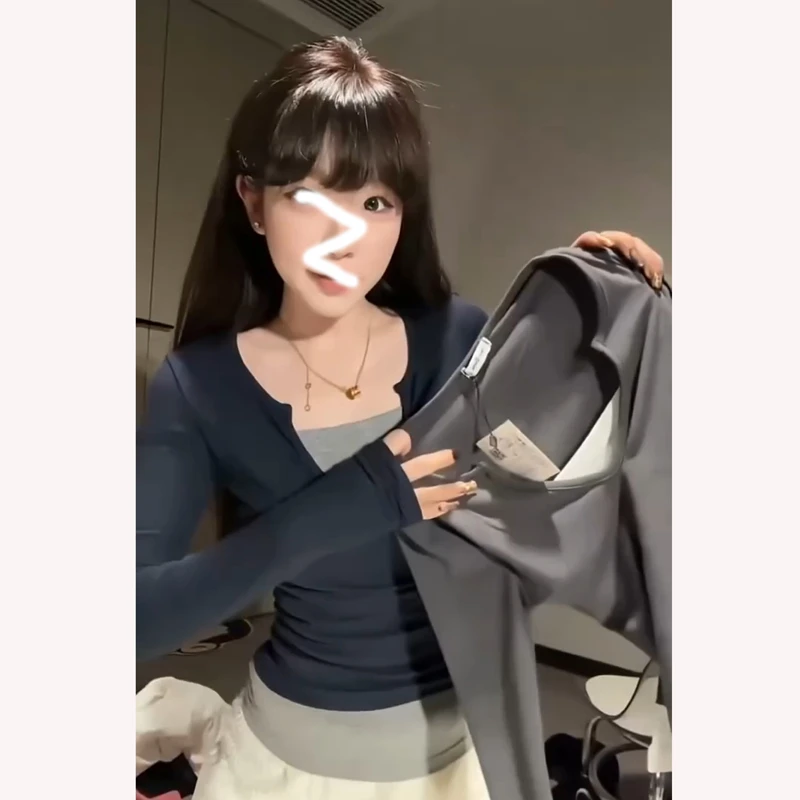 美式新款复古假两件长袖T恤女春秋设计感拼接撞色修身辣妹短上衣