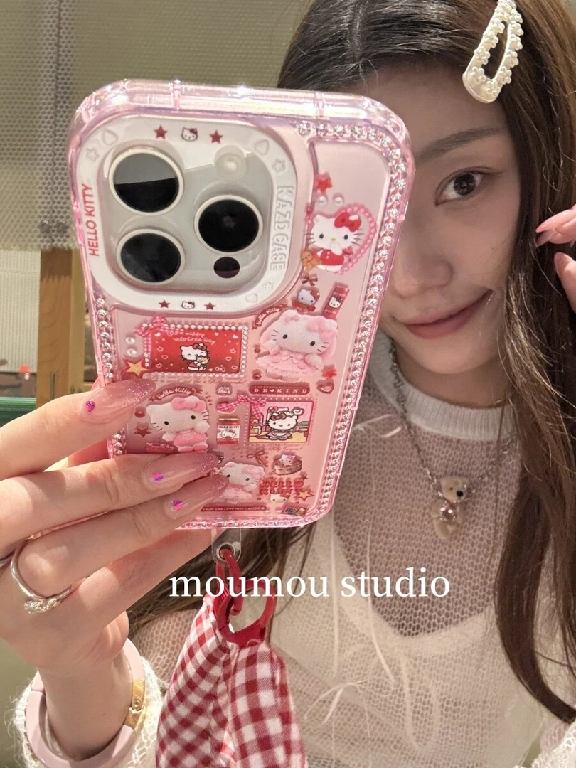 【壳来壳趣】韩系Kitty边钻荧光壳适用苹果16/15/14/13全包手机壳