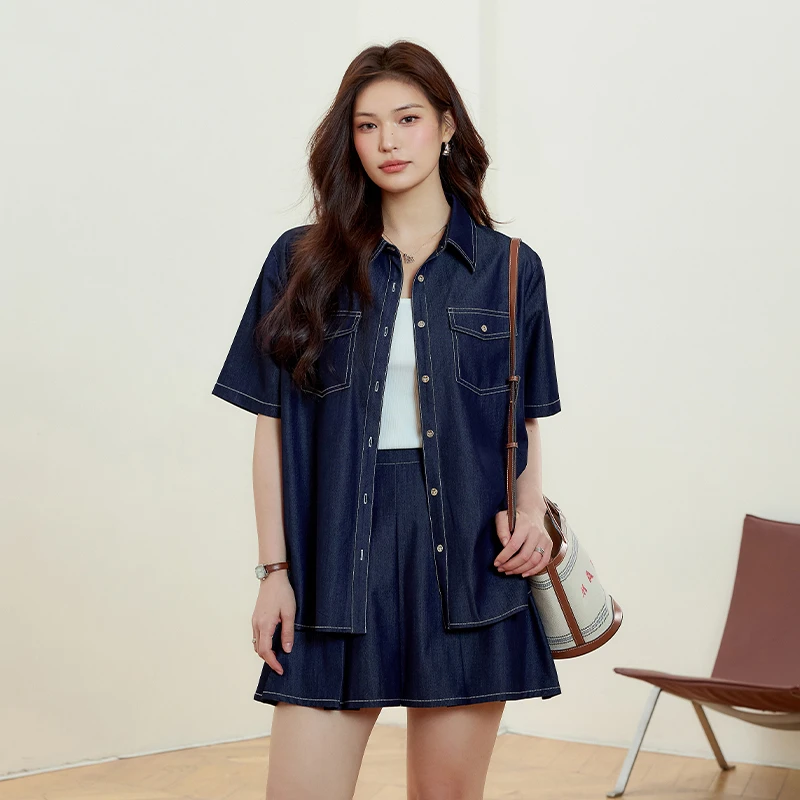 知性大码女装仿牛仔短袖衬衫两件套休闲胖mm半身裙夏季时尚套装潮