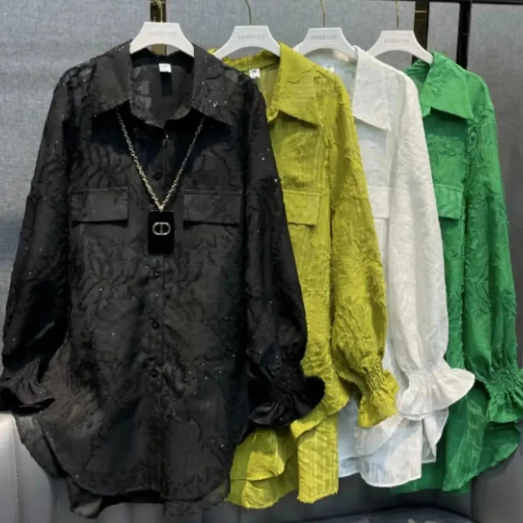 2025春夏设计师款满天星时尚欧货镂空宽松休闲百搭长袖衬衣女