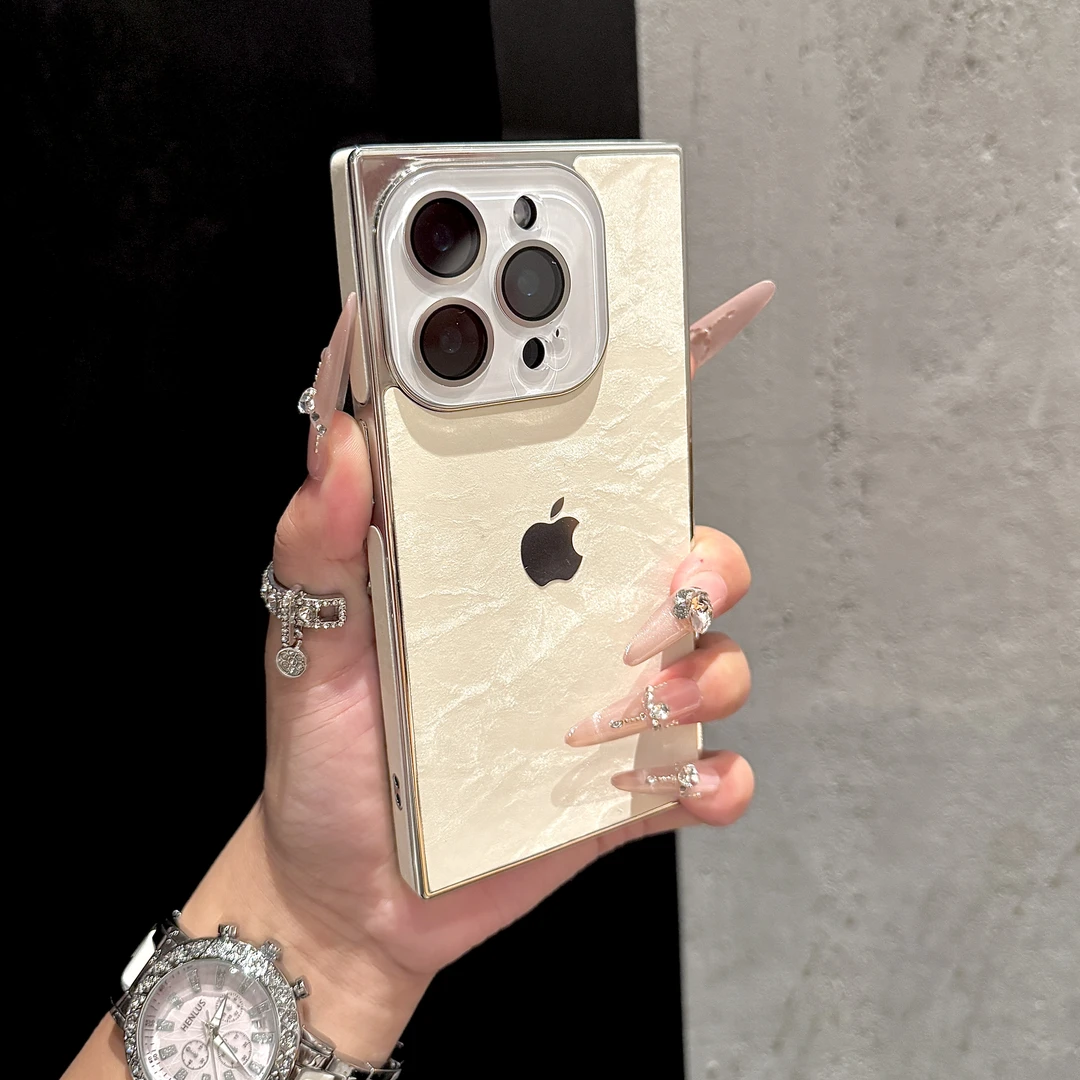 高级感方形电镀绒布雪山纹适用苹果16promax手机壳15轻奢14时尚13