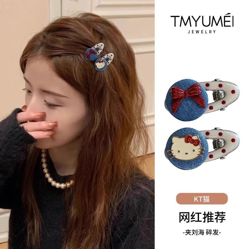 韩国新款kitty牛仔波点猫咪发夹少女刘海边夹侧边发卡小夹子发饰