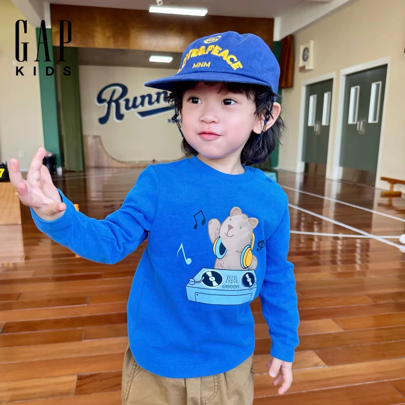 Gap男幼童2025秋季新款纯棉卡通印花宽松长袖T恤装上衣804550