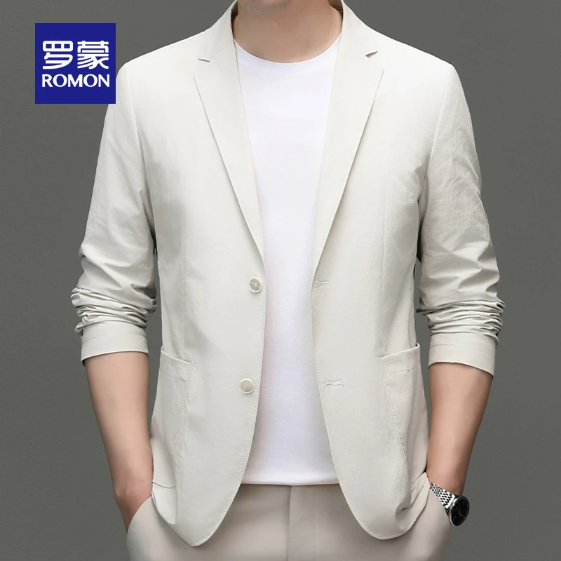 罗蒙春秋季新款商务休闲西服薄款纯色潮流单西外套棉质修身西装男