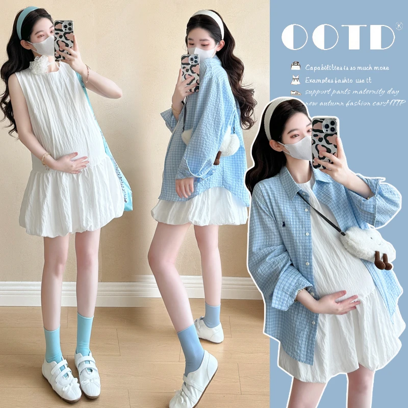 孕妇装2025夏季新款韩版时尚宽松孕妇背心裙+韩版格子绣花衬衫