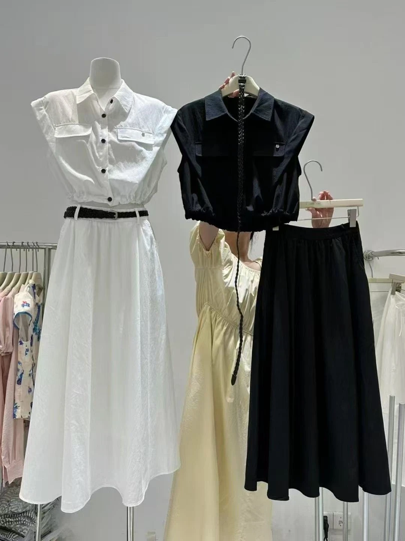 【傲傲精选】短款翻领无袖上衣+腰带半身裙两件套