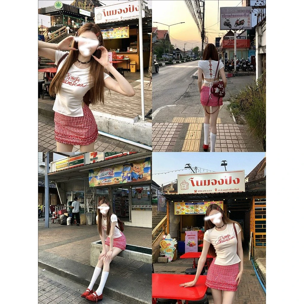 势力周 设计感印花T恤绑绳短款上衣夏季圆领短袖显瘦性感修身T恤