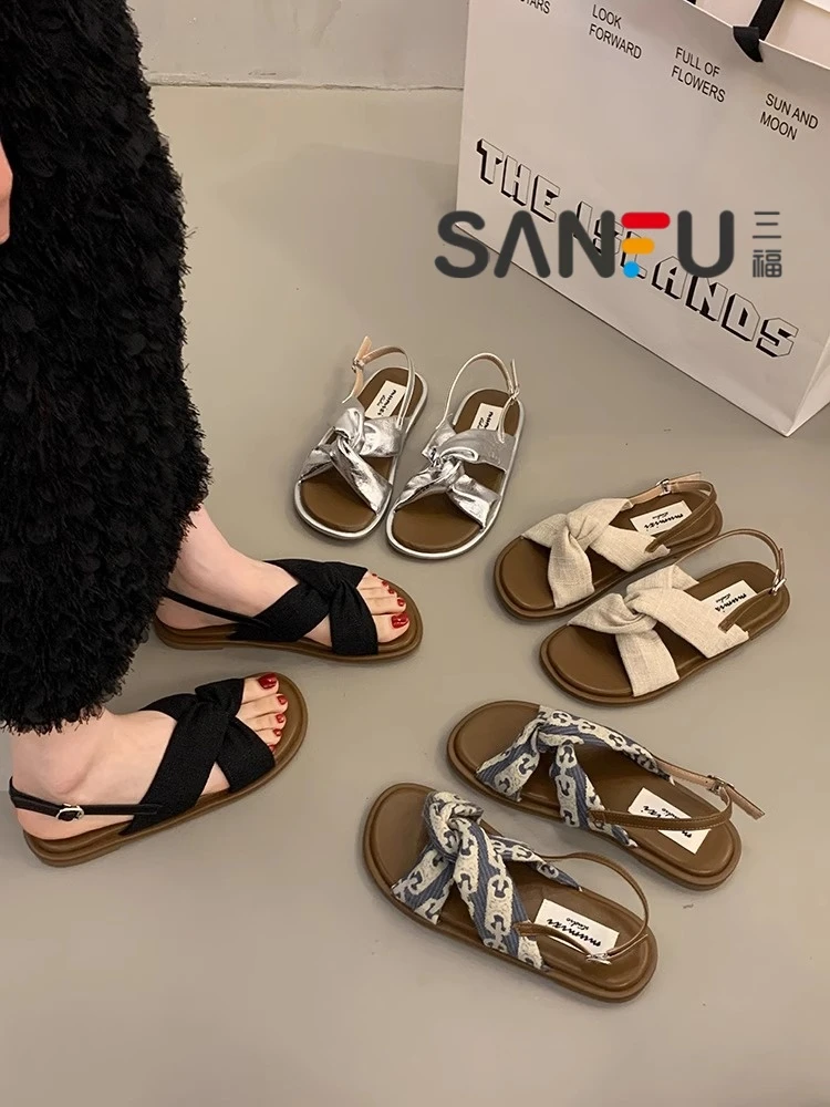 三福平底罗马凉鞋女2025新款夏季外穿配裙子仙女风度假沙滩凉拖鞋