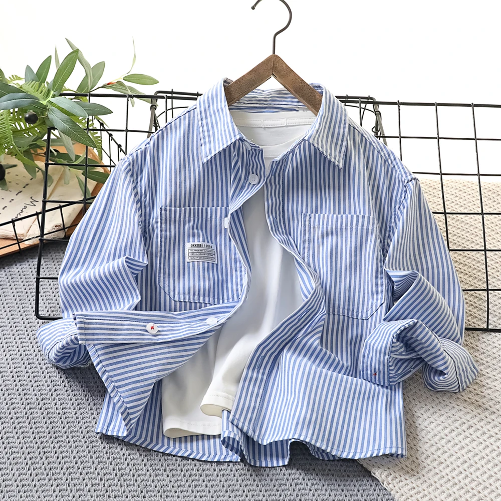 春秋儿童长袖洋气衬衫夏季男童薄款条纹防晒上衣中大童百搭衬衣潮