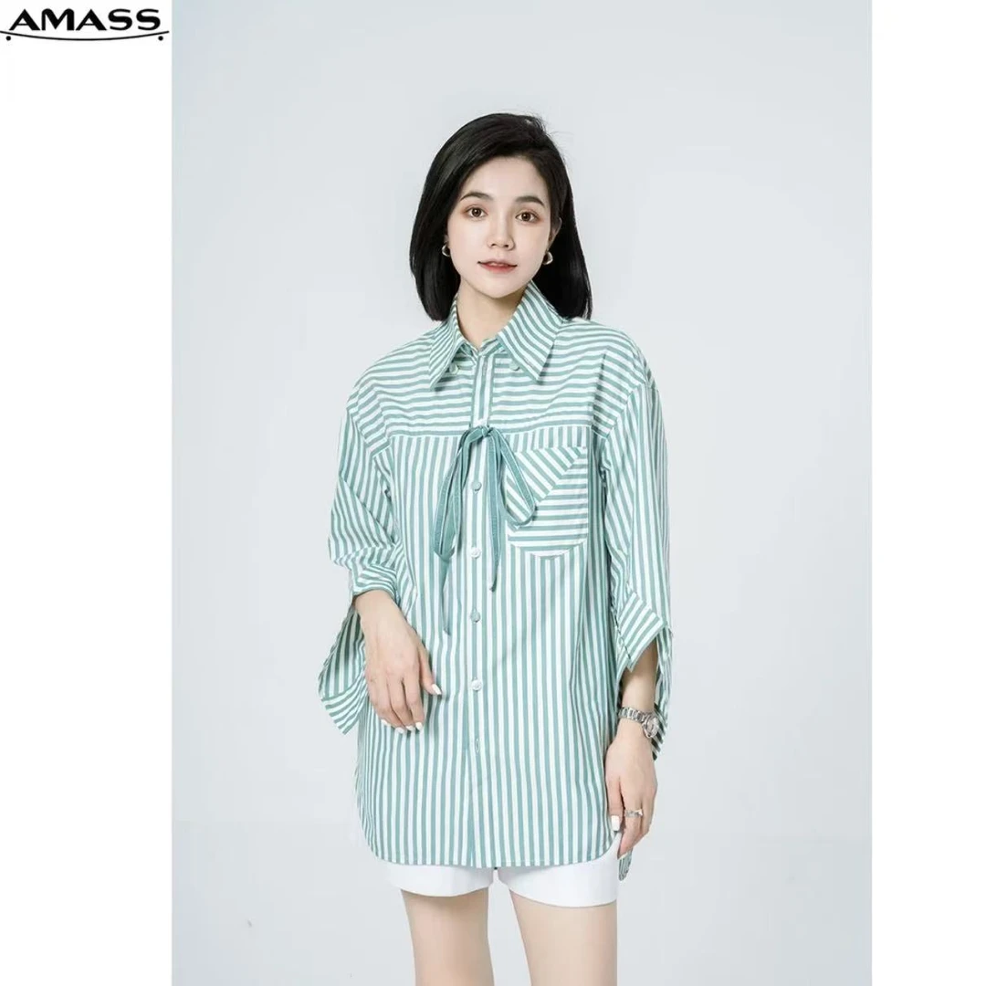 AMASS/阿玛施时尚休闲宽松男友风条纹中袖廓形衬衫5300895