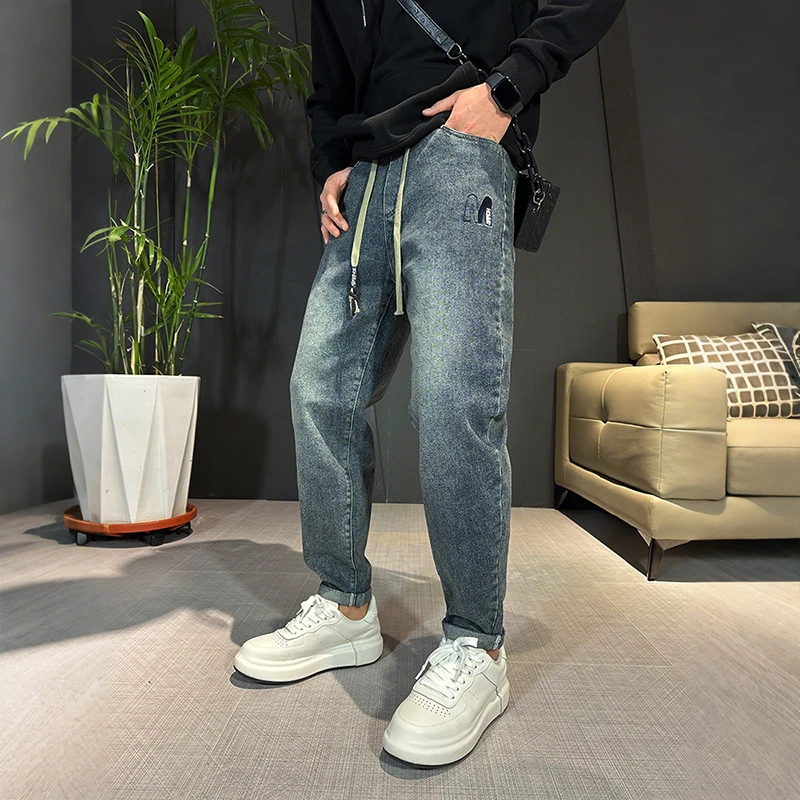 秋冬新款牛仔裤男士2025刺绣字母锥形裤美式高街ins小脚休闲长裤