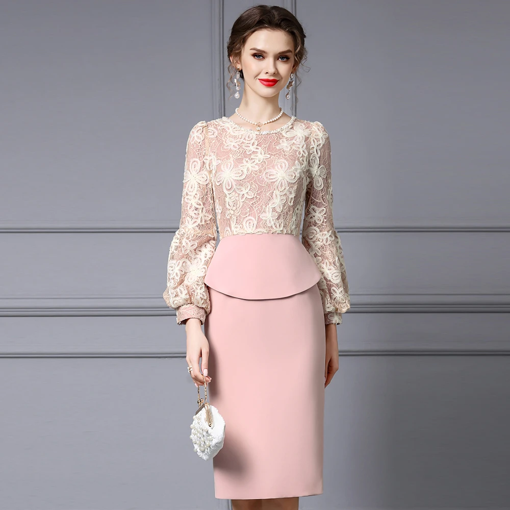 枝荔重要场合绝美连衣裙2025秋装新款珍珠灯笼袖立体花朵包臀裙子