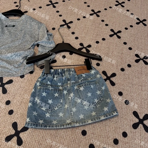 现货MZ.儿童夏季复古重工款五角星带内衬牛仔半身裙1833