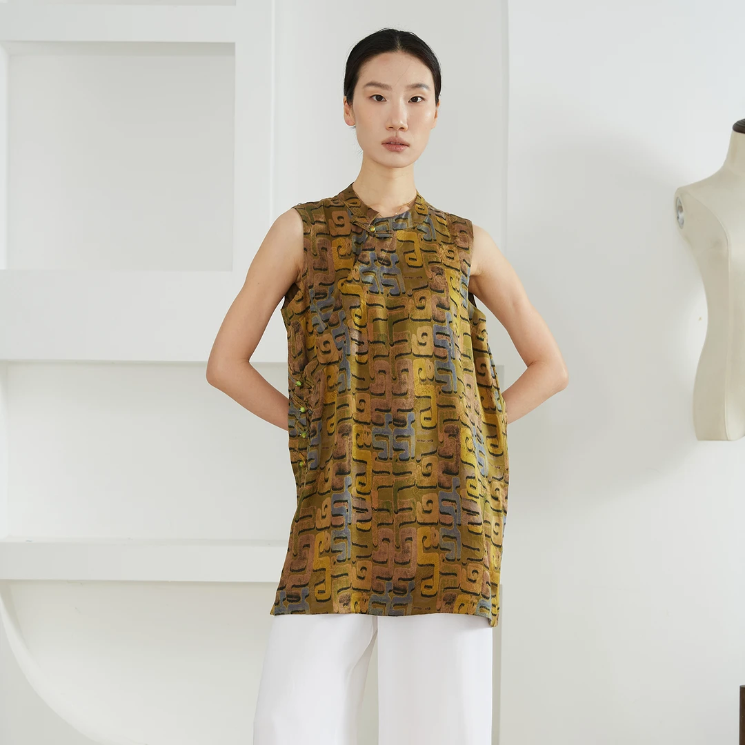 SILVIYE 香云纱提花真丝100桑蚕丝奥黛中长款无袖T恤夏SY52014