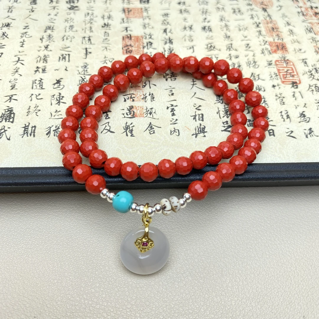 含辰砂工艺品高含量朱砂红砂设计公主扣配饰爆款切面双圈手串