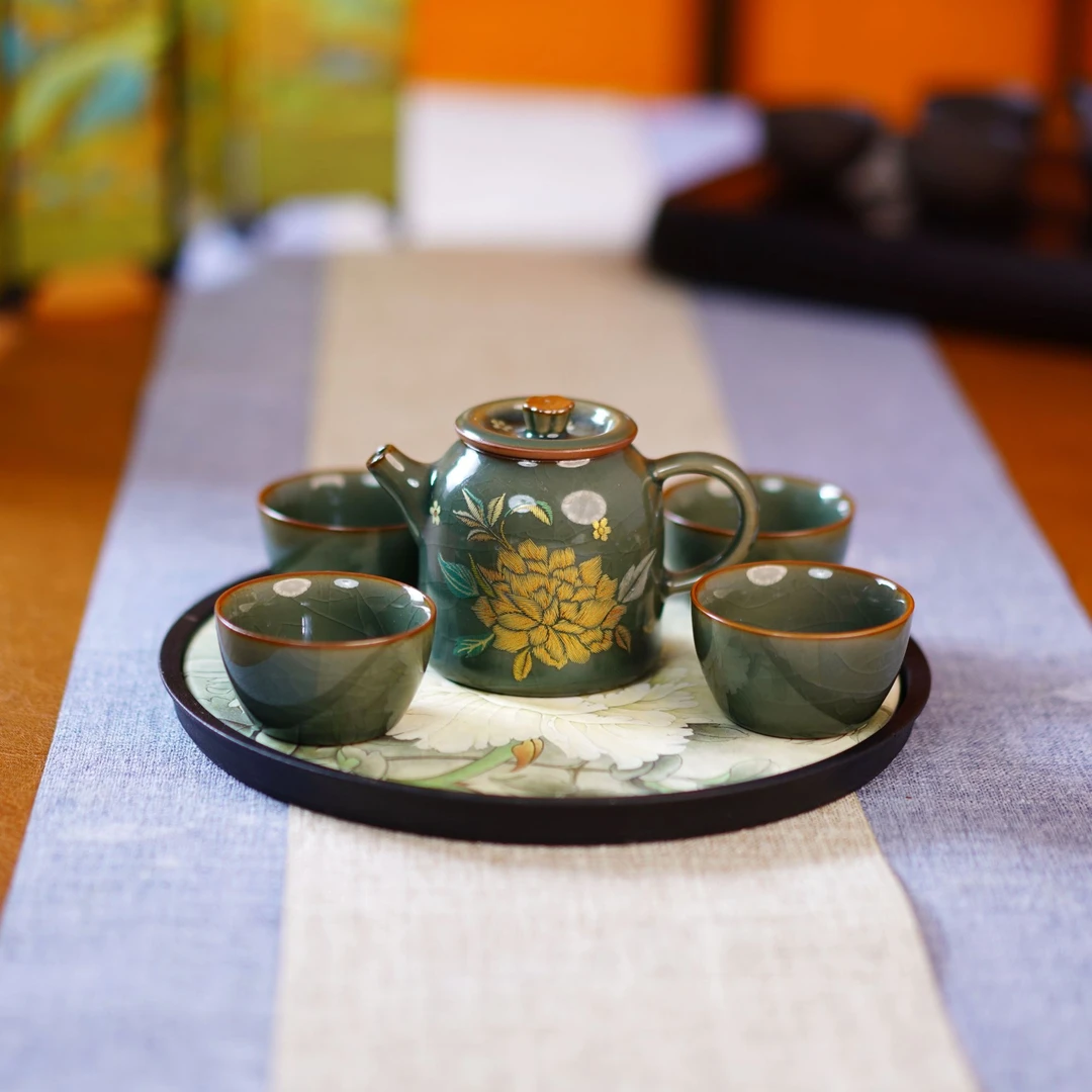 芍药一壶四杯带茶盘家用高档陶瓷茶具开片工夫茶壶套组158