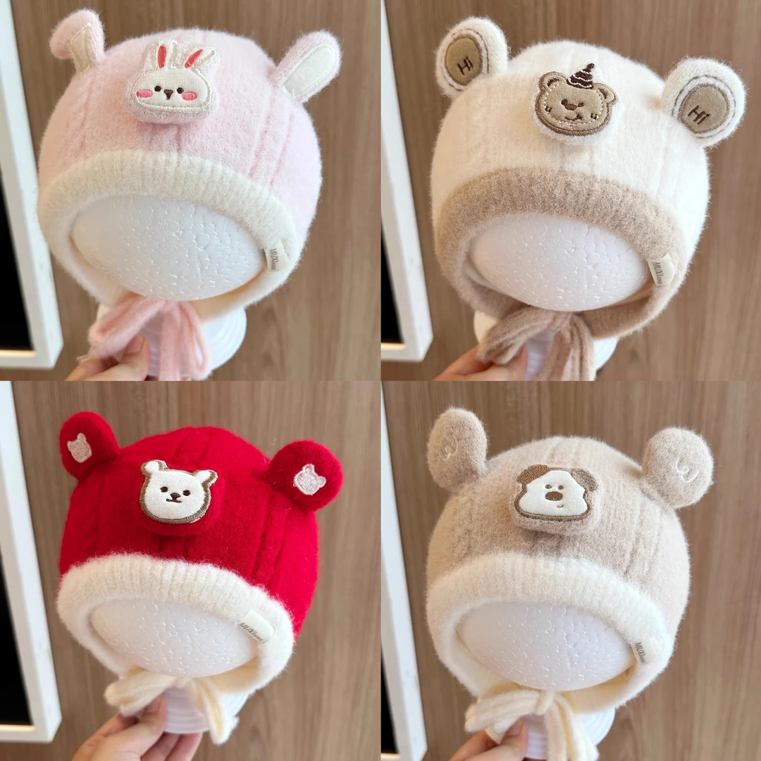 婴儿帽子冬季保暖可爱小兔卡通针织护耳帽小月龄宝宝防风套头帽潮