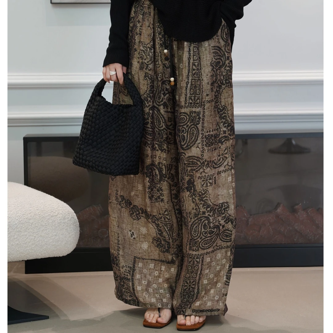 【绘墨画卷】MORELAN波西米亚风印花宽松直筒阔腿休闲裤XM-250621