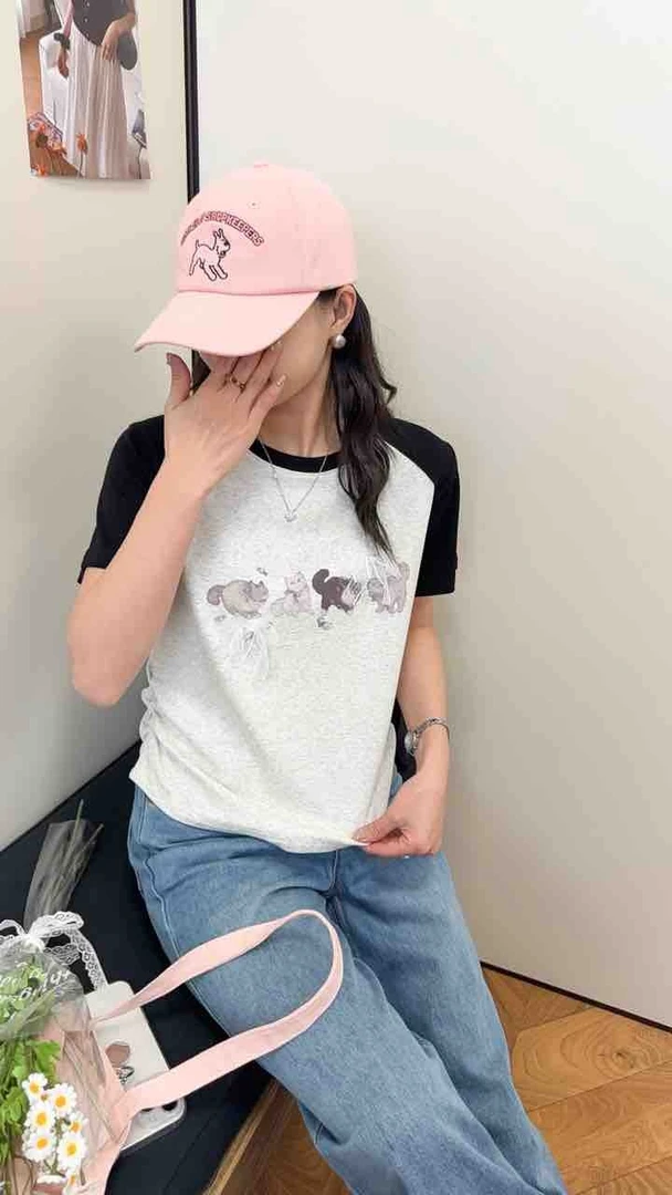 A72-【천억수출입】韩系~韩系百搭木耳边小猫印花短袖T