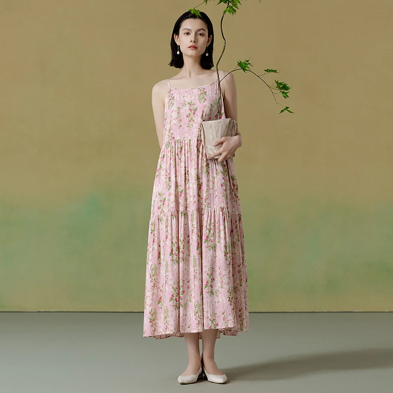 生活在左2025夏季新品温柔印花宽松吊带连衣裙女1952576