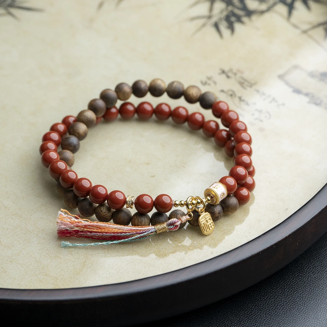 沉香莺歌绿奇楠6mm南红福牌双圈手串安哥拉红本命文玩新中式文玩