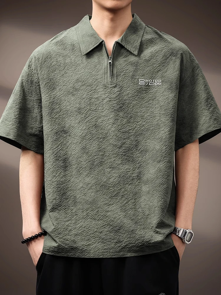 高端半拉链肌理感冰丝短袖Polo衫男士夏季宽松速干透气工装T恤男