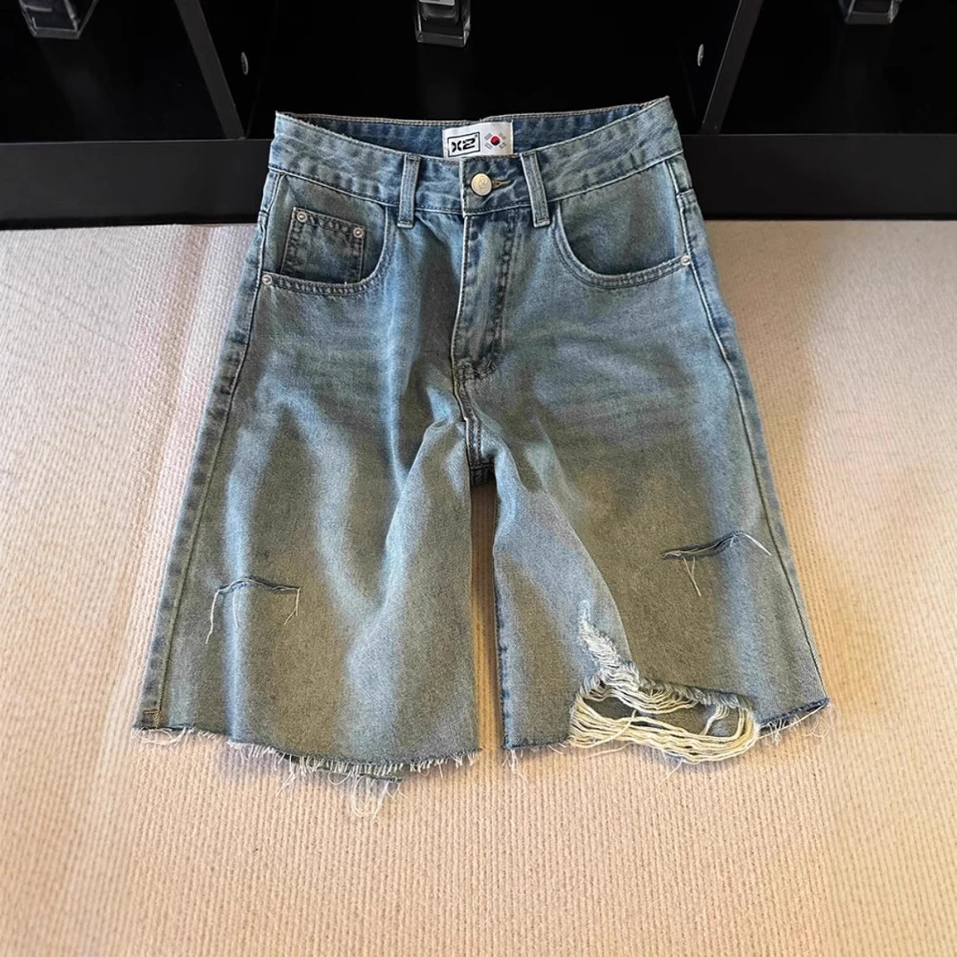 夏季2025美式复古蓝色破洞牛仔短裤女新款阔腿高腰直筒五分短裤子