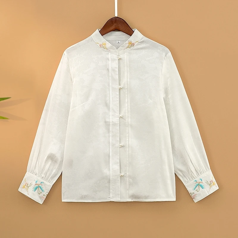 【云烟】2025新款春季国风衬衣女装新中式立领绣花气质打底长袖衬衫