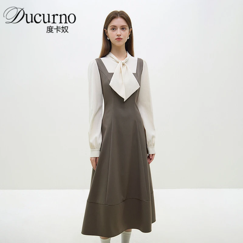 气质法式蝴蝶结连衣裙女2025年秋季新款时尚内搭假两件拼接裙子